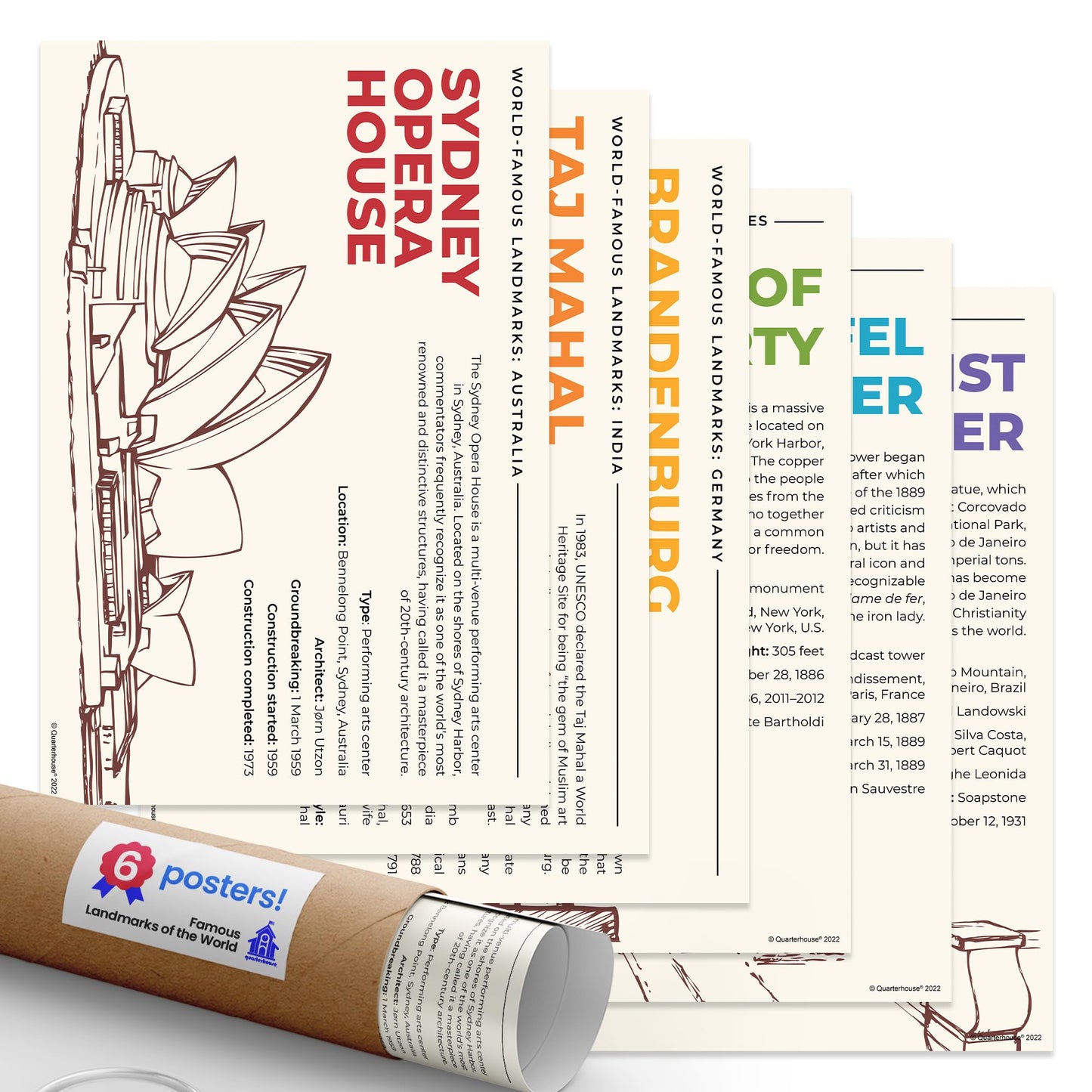 Quarterhouse Famous Landmarks of the World Poster Set, Social Studies and Geography Classroom Learning Materials for K-12 Students and Teachers, Set of 6, 12 x 18 Inches, Extra Durable