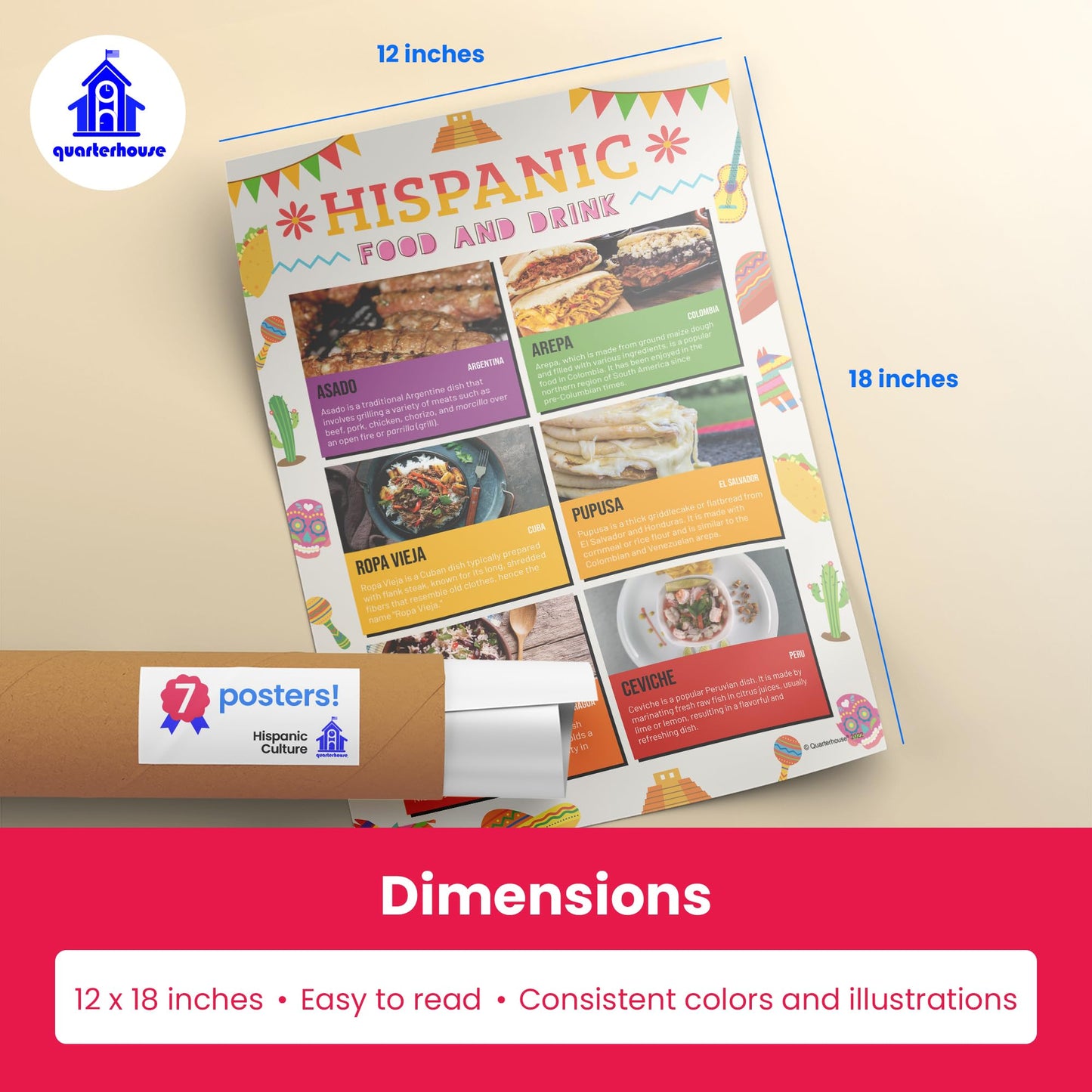 Quarterhouse Hispanic Culture Poster Set, Spanish - ESL Classroom Learning Materials for K-12 Students and Teachers, Set of 8, 12x18, Extra Durable