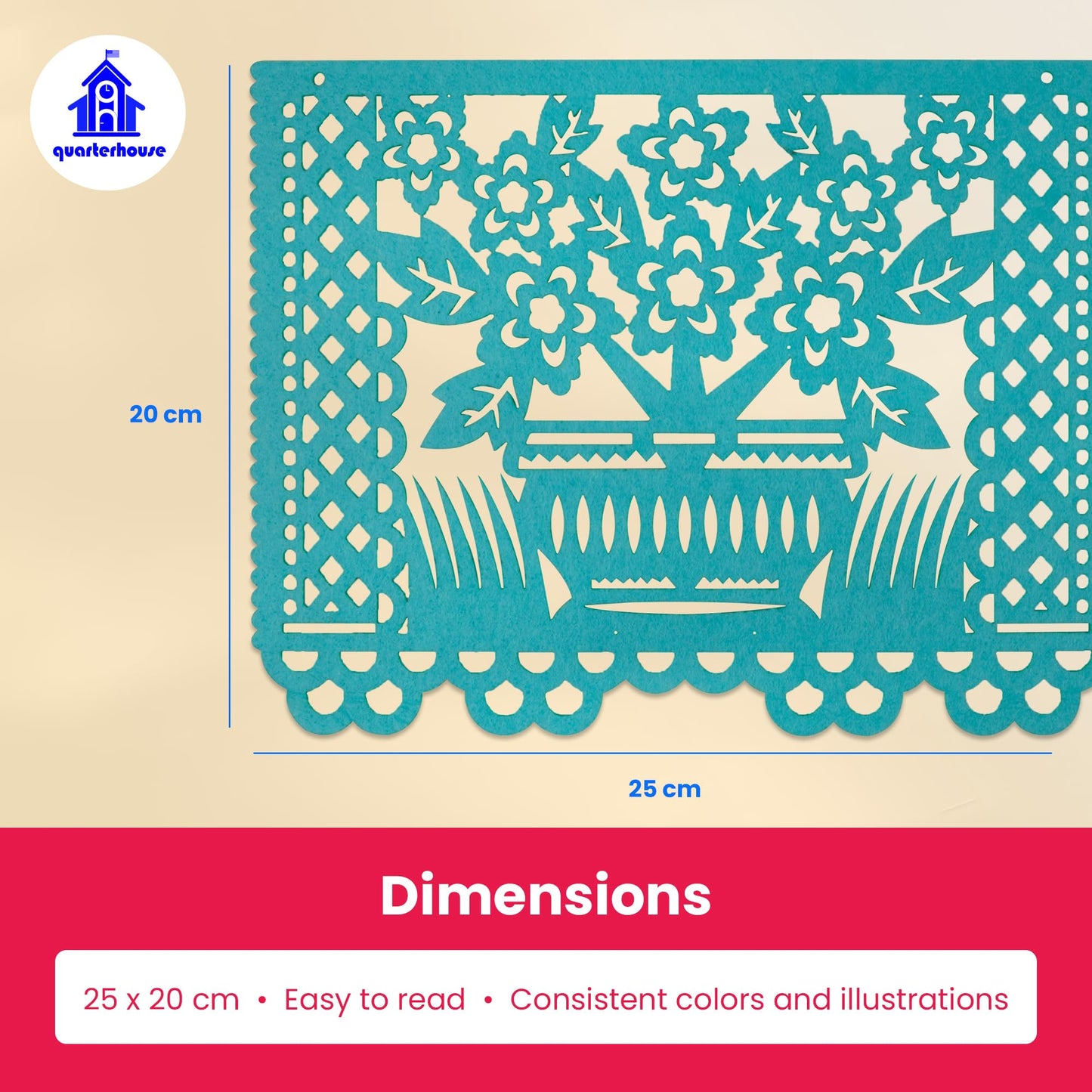 Quarterhouse Papel Picado for Spanish Classrooms and Fiestas, Vivid Colors and Cultural Motifs - 9 Per String - Felt, 8 x 12 Inches