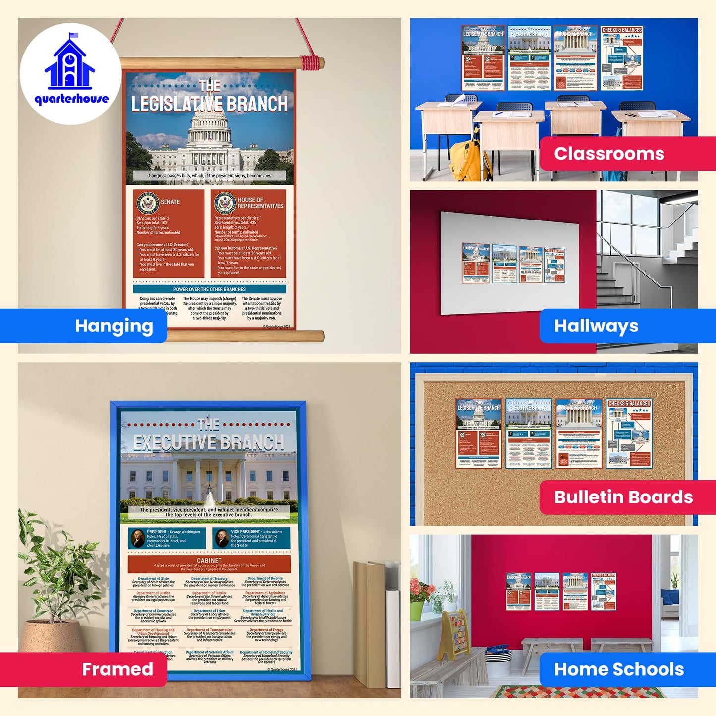 Quarterhouse Three Branches of US Government: Checks and Balances Poster Set, Social Studies Classroom Learning Materials for K-12 Students and Teachers, Set of 4, 12 x 18 Inches, Extra Durable