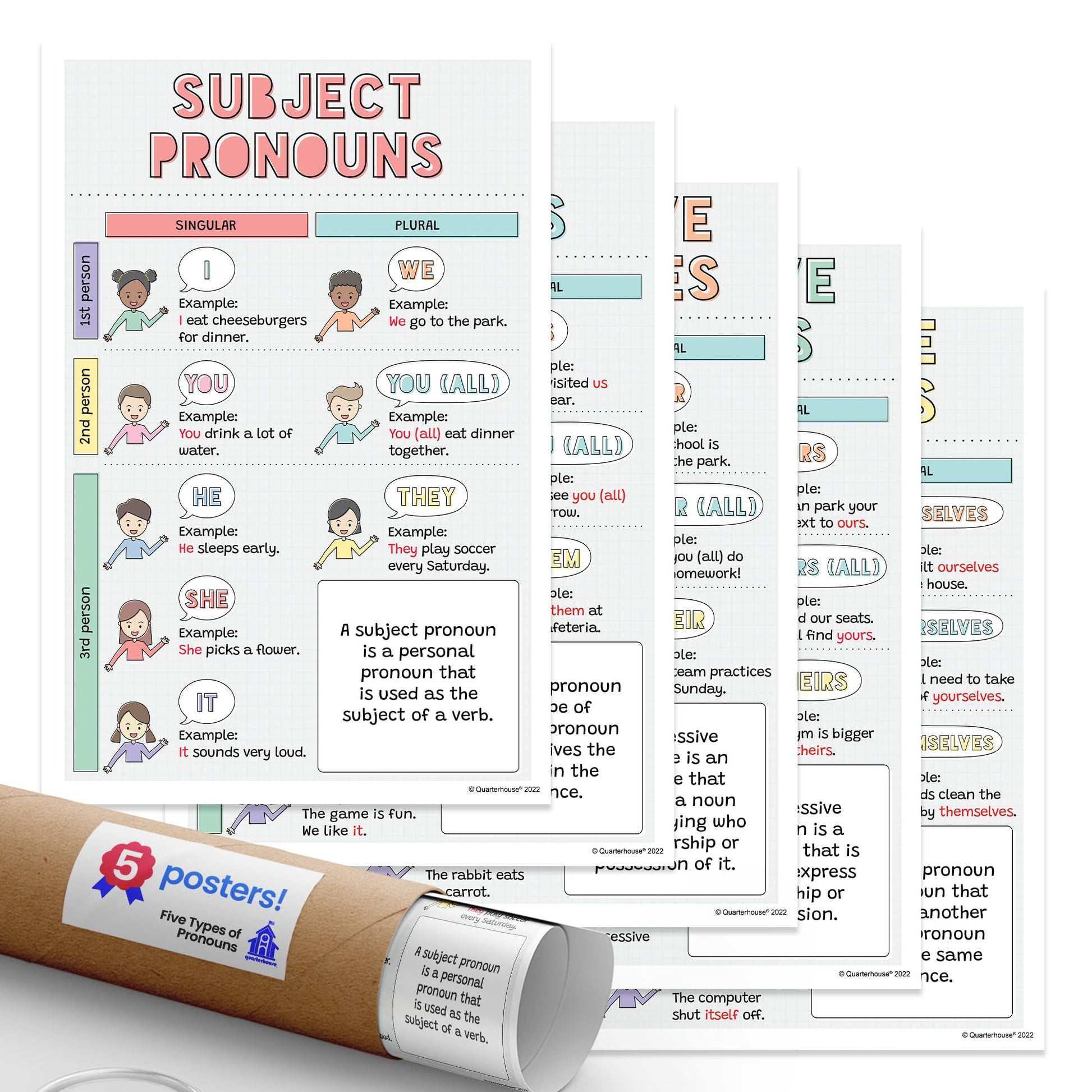 Quarterhouse Five Types of Pronouns Poster Set, English - Language Arts Classroom Learning Materials for K-12 Students and Teachers, Set of 5, 12 x 18 Inches, Extra Durable