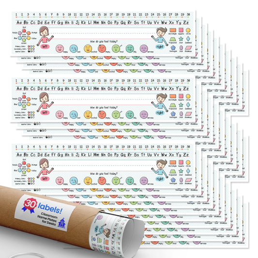 Quarterhouse Classroom Name Plates for Desks Label Set, Elementary Classroom Learning Materials for K-12 Students and Teachers, Set of 30, 12 x 3 Inches, Extra Durable