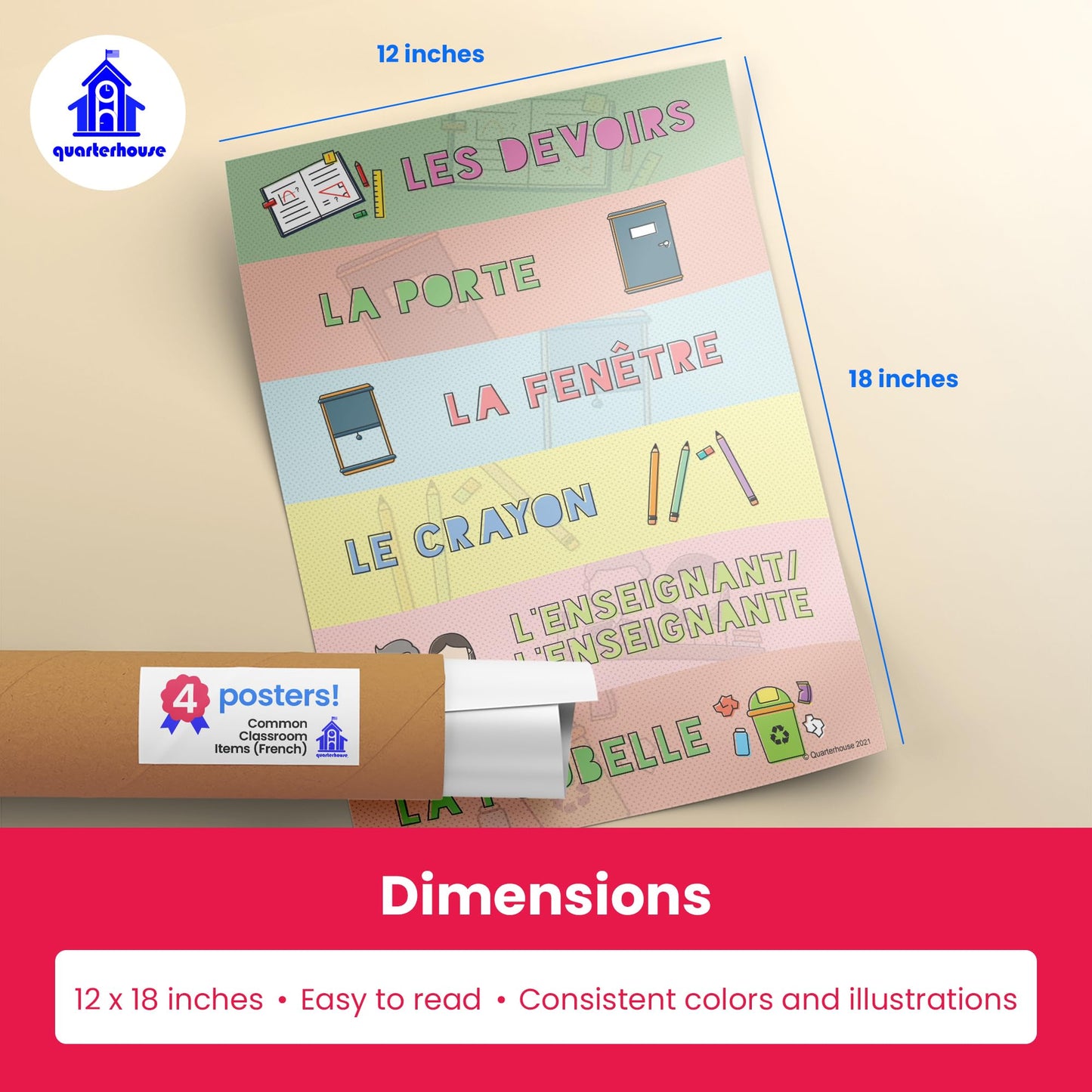 Quarterhouse Common Classroom Items (French) Poster Set, French - ESL Classroom Learning Materials for K-12 Students and Teachers, Set of 4, 12 x 18 Inches, Extra Durable