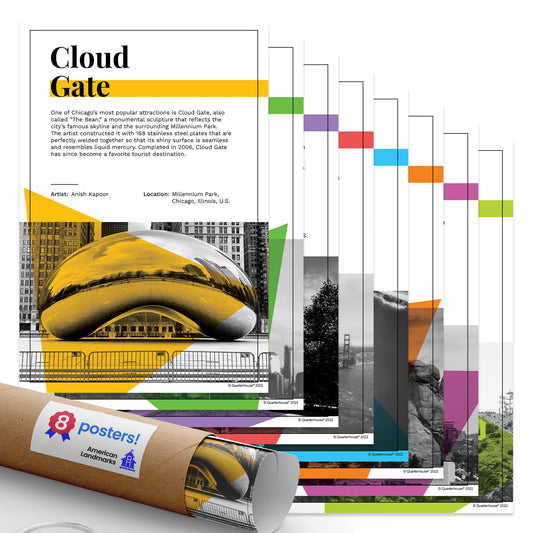Quarterhouse American Landmarks Poster Set, Social Studies Classroom Learning Materials for K-12 Students and Teachers, Set of 8, 12 x 18 Inches, Extra Durable