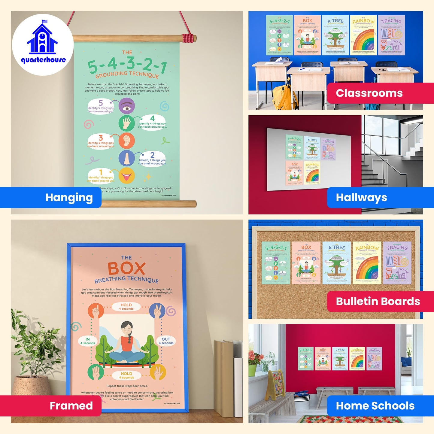 Quarterhouse Grounding Techniques Poster Set, Psychology Classroom Learning Materials for K-12 Students and Teachers, Set of 5, 12x18, Extra Durable