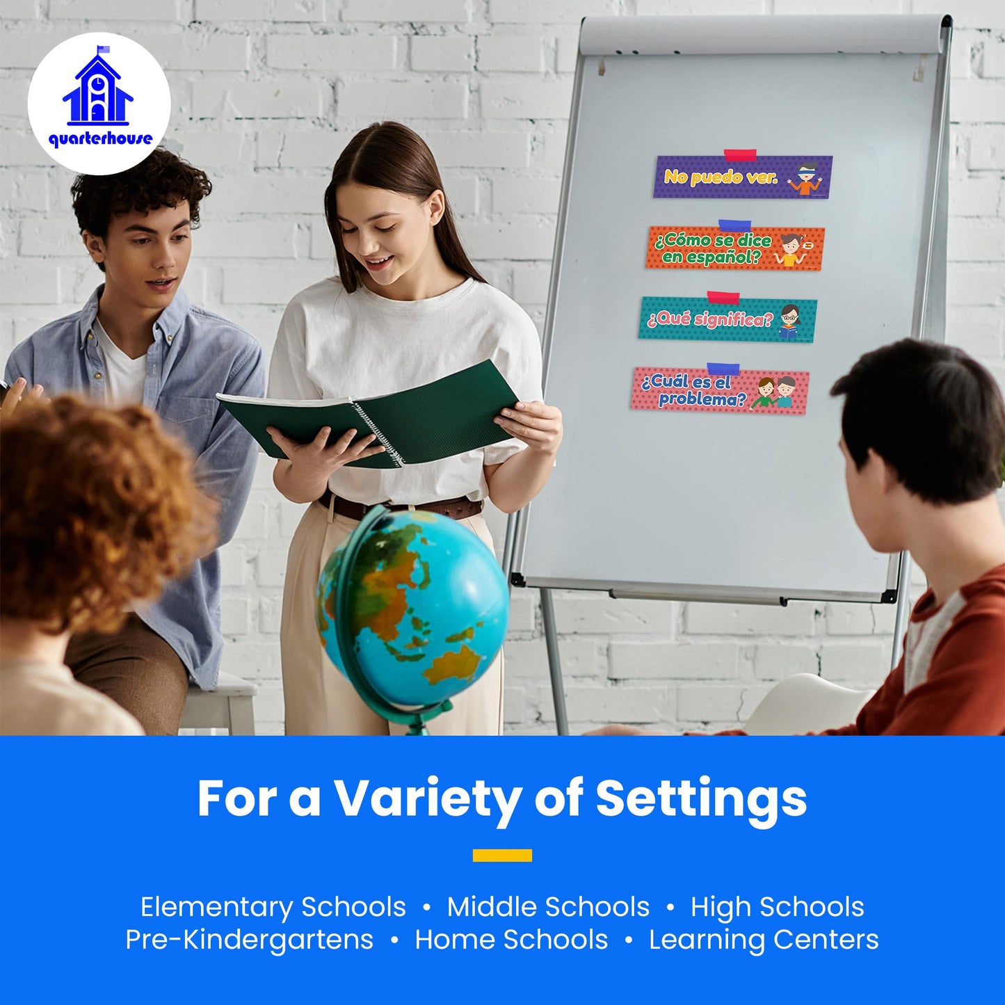 Quarterhouse Spanish Classroom Phrases and Commands Label Set, Spanish - ESL Classroom Learning Materials for K-12 Students and Teachers, Set of 18, 12 x 3 Inches, Extra Durable