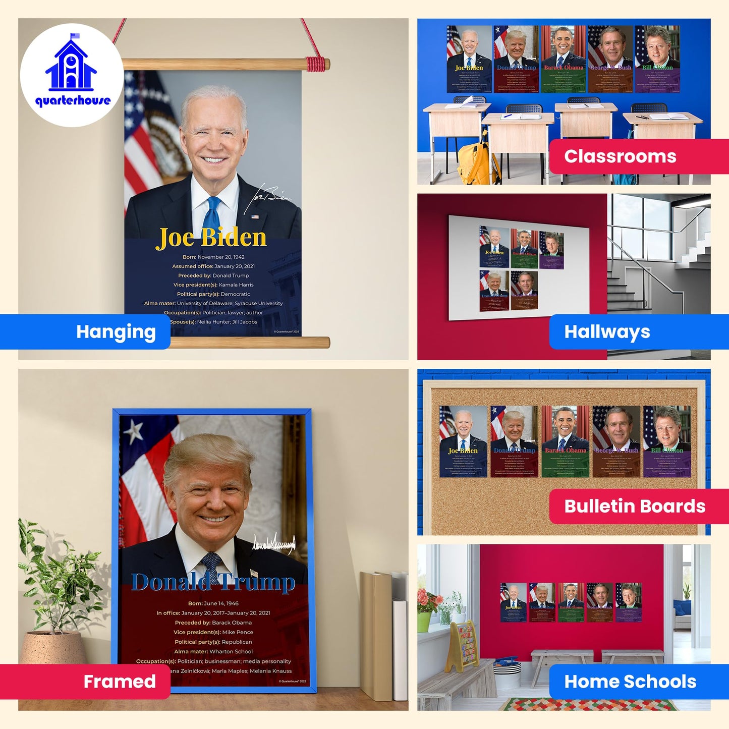 Quarterhouse Previous Five Presidents (Clinton - Biden) Poster Set, Social Studies Classroom Learning Materials for K-12 Students and Teachers, Set of 5, 12 x 18 Inches, Extra Durable