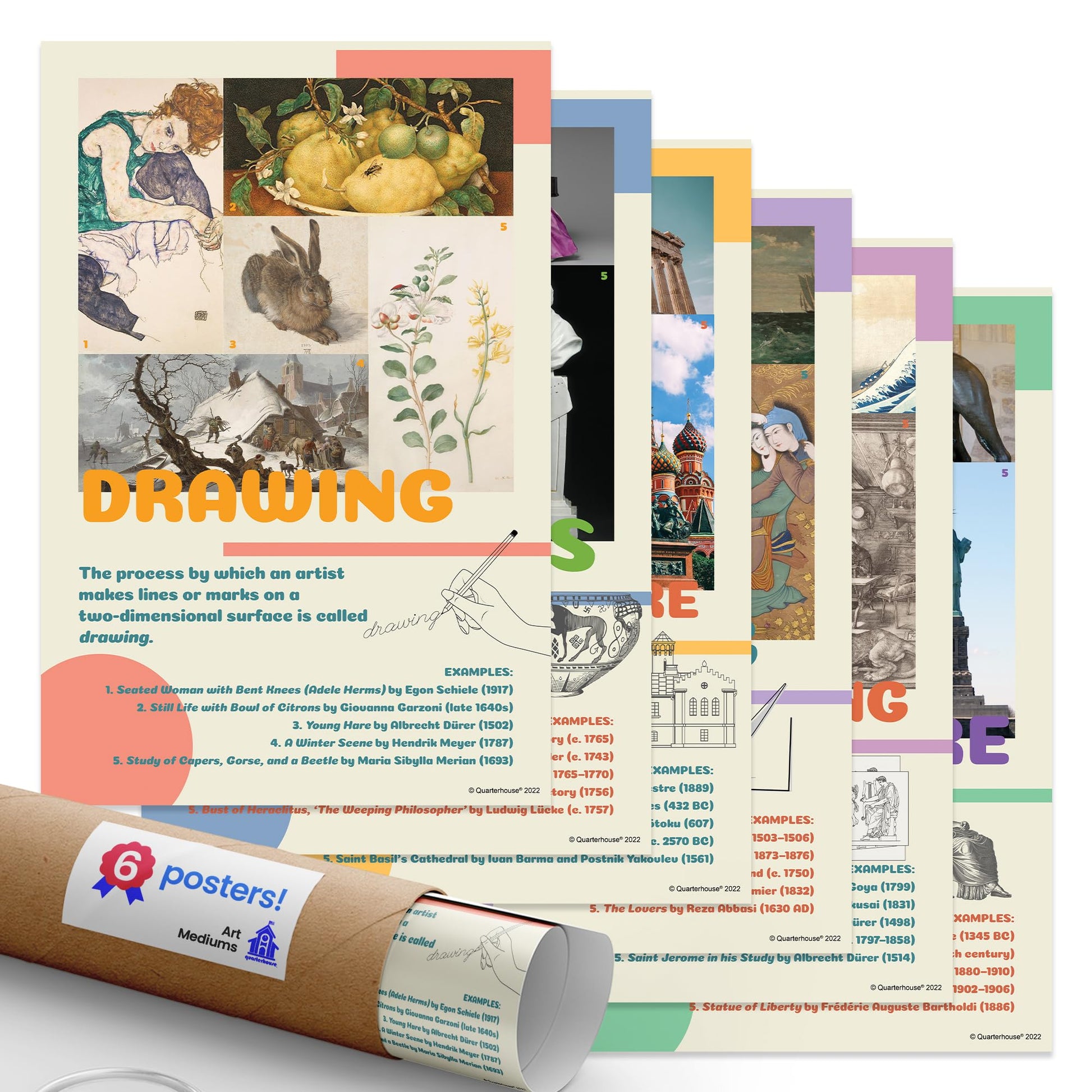 Quarterhouse Art Mediums Poster Set, Art Classroom Learning Materials for K-12 Students and Teachers, Set of 6, 12 x 18 Inches, Extra Durable