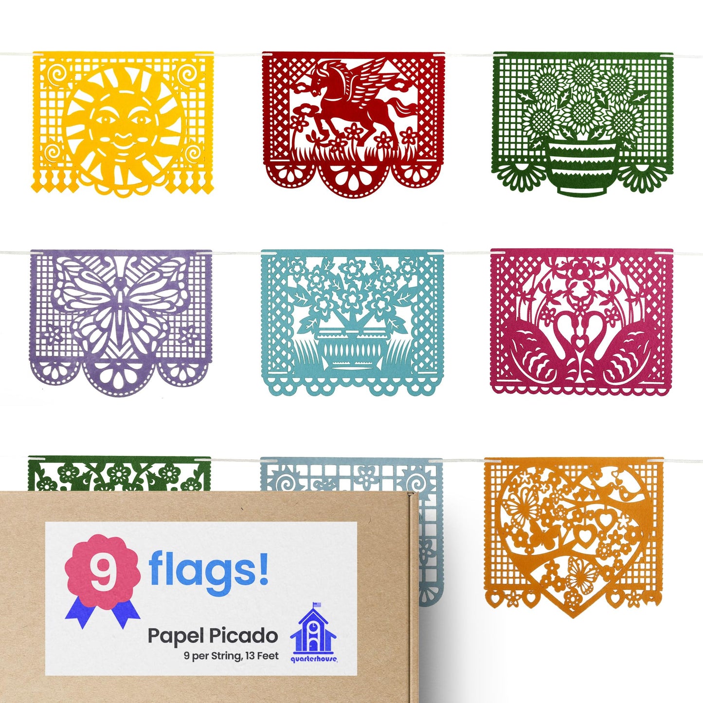 Quarterhouse Papel Picado for Spanish Classrooms and Fiestas, Vivid Colors and Cultural Motifs - 9 Per String - Felt, 8 x 12 Inches
