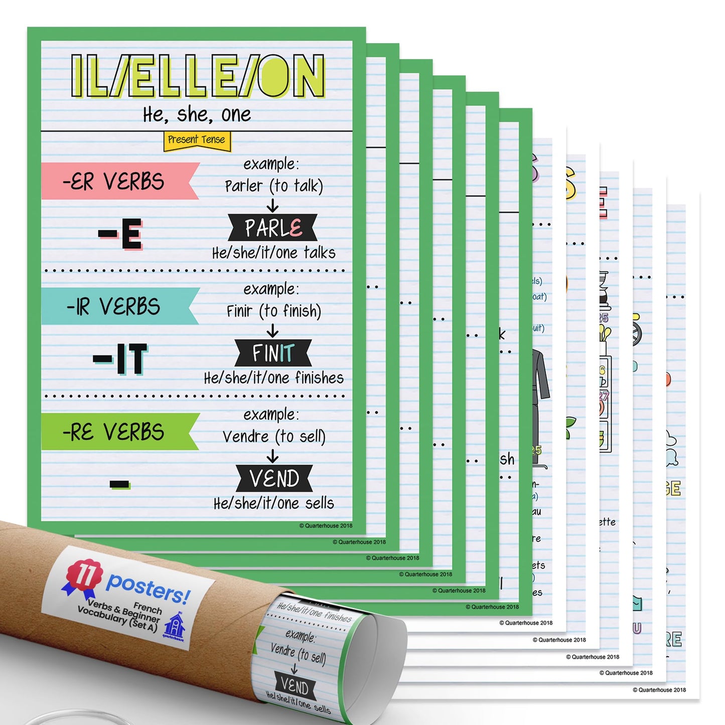 Quarterhouse French Verbs & Beginner Vocabulary (Set A) Poster Set, French Classroom Learning Materials for K-12 Students and Teachers, Set of 11, 12 x 18 Inches, Extra Durable