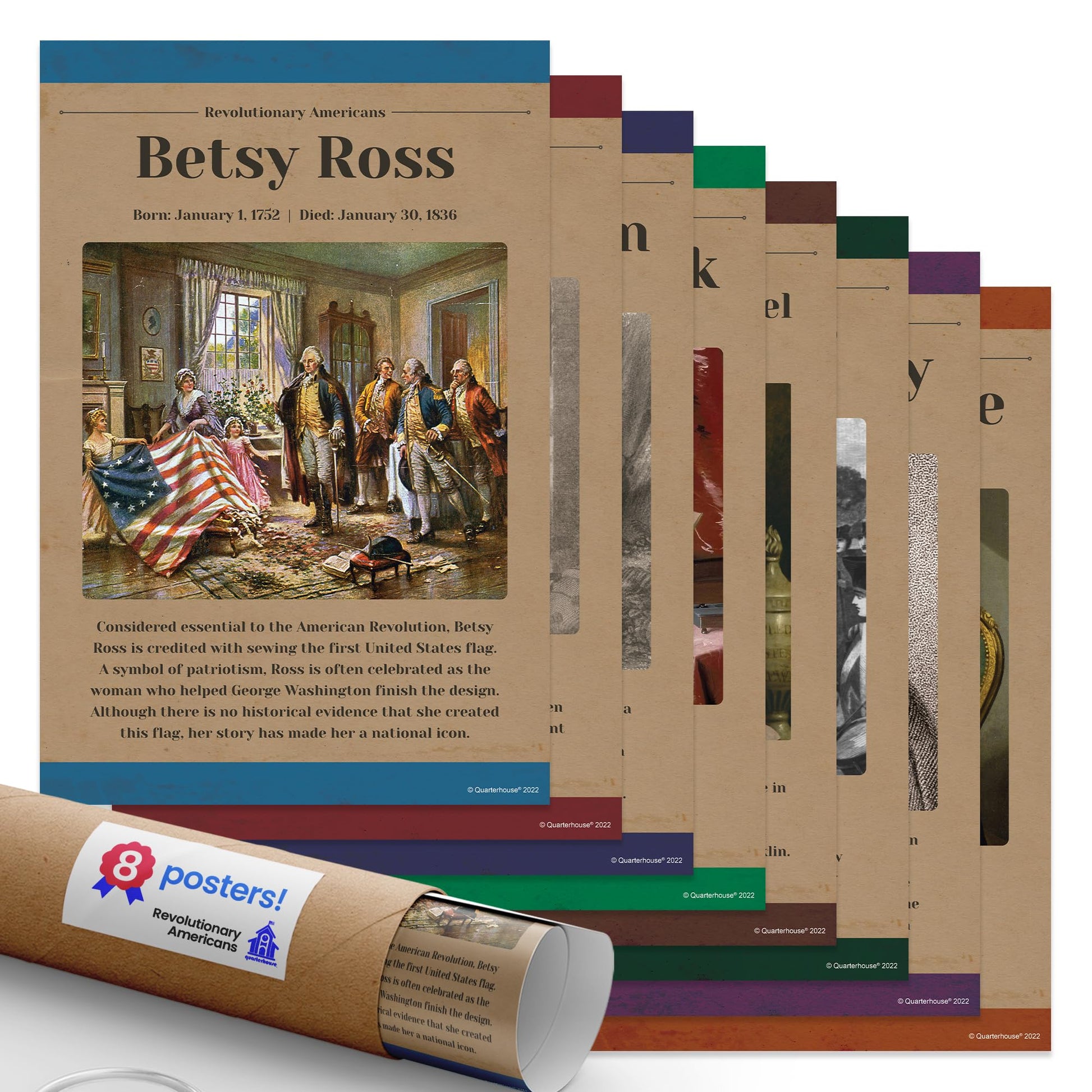 Quarterhouse Revolutionary Americans Poster Set, Social Studies Classroom Learning Materials for K-12 Students and Teachers, Set of 8, 12 x 18 Inches, Extra Durable