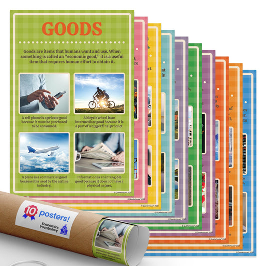 Quarterhouse Economics Vocabulary Poster Set, Social Studies Classroom Learning Materials for K-12 Students and Teachers, Set of 10, 12 x 18 Inches, Extra Durable