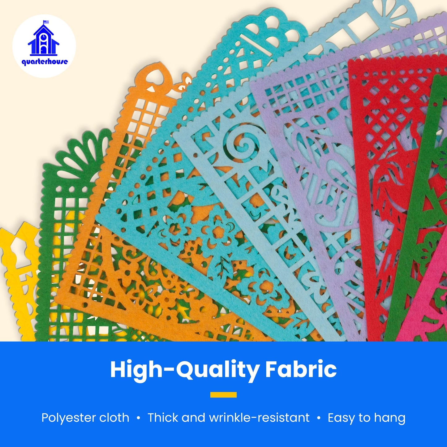 Quarterhouse Papel Picado for Spanish Classrooms and Fiestas, Vivid Colors and Cultural Motifs - 9 Per String - Felt, 8 x 12 Inches