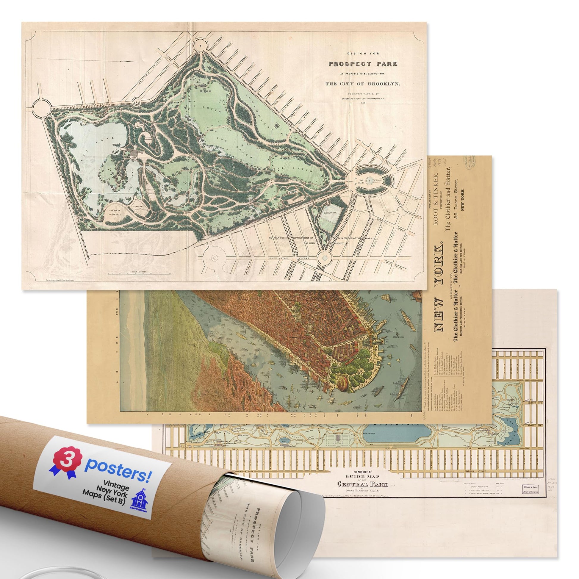 Quarterhouse Vintage New York Maps (Set B) Poster Set, Social Studies Classroom Learning Materials for K-12 Students and Teachers, Set of 3, 12 x 18 Inches, Extra Durable