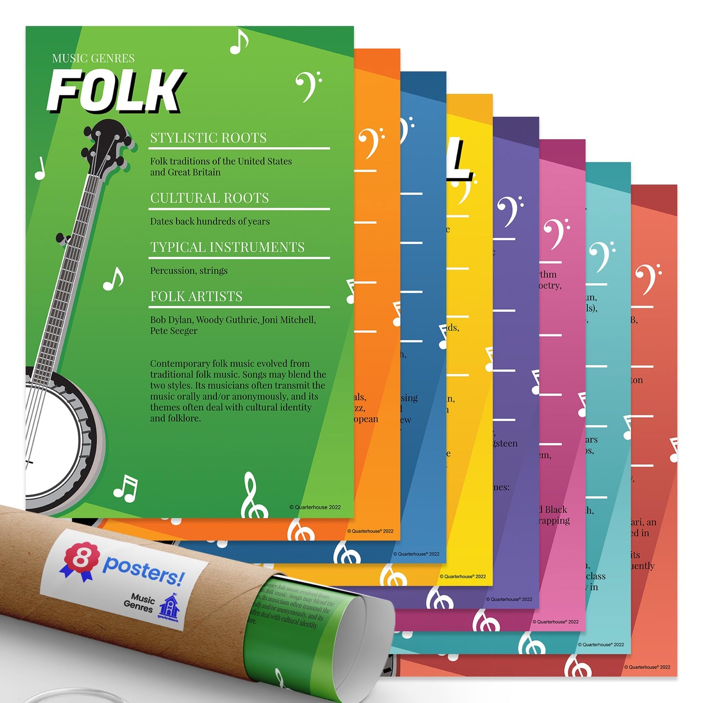 Quarterhouse Music Genres Poster Set, Music Classroom Learning Materials for K-12 Students and Teachers, Set of 8, 12 x 18 Inches, Extra Durable