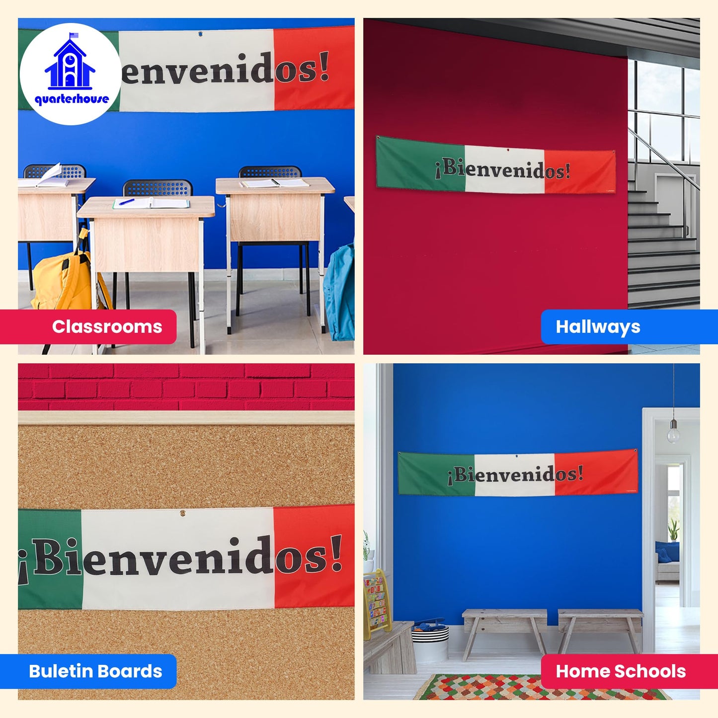 Quarterhouse Bienvenidos Welcome Banner for Spanish Classrooms, Businesses, & Special Events - Mexican Flag (Green, White, & Red) Background - Polyester, 60 x 10 Inches