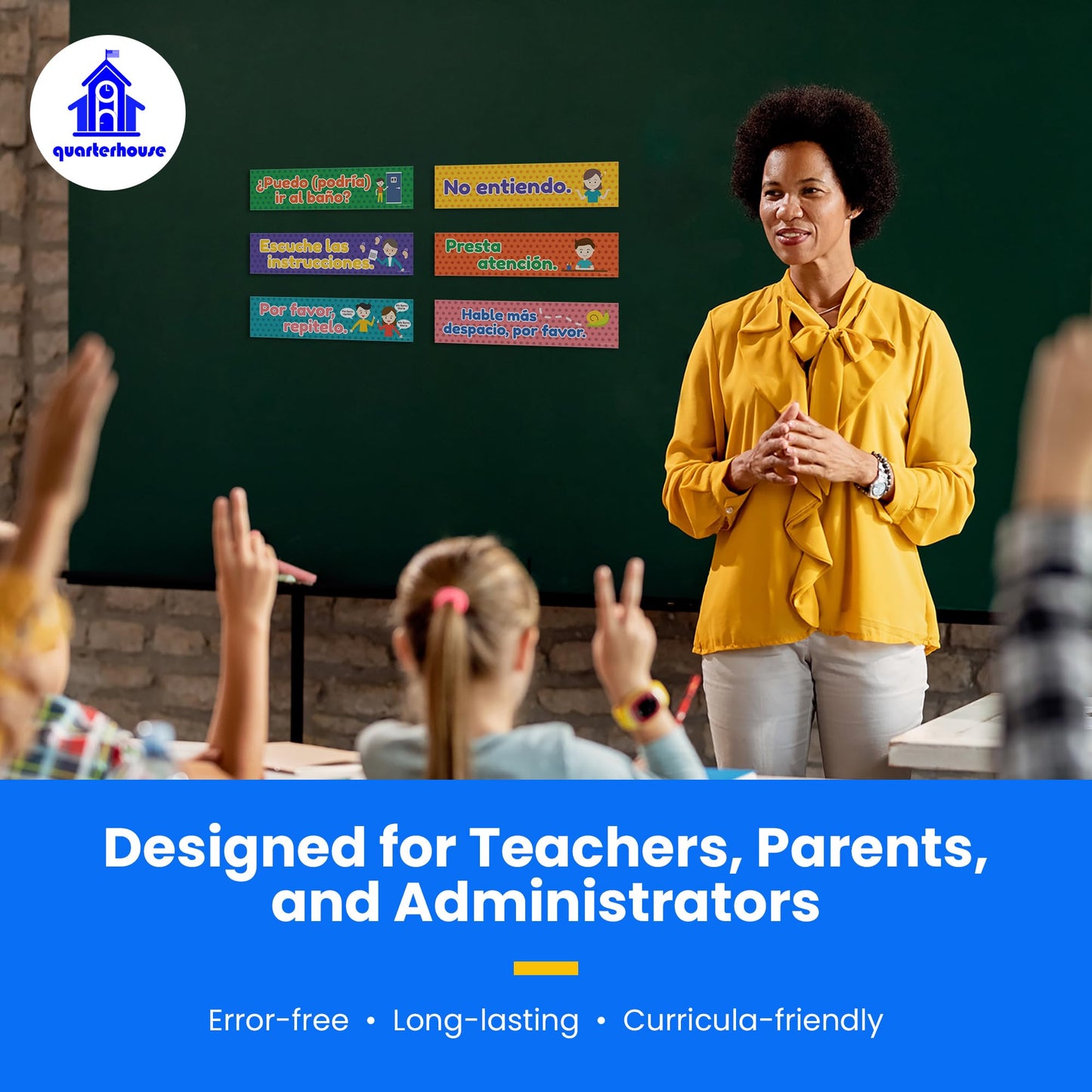 Quarterhouse Spanish Classroom Phrases and Commands Label Set, Spanish - ESL Classroom Learning Materials for K-12 Students and Teachers, Set of 18, 12 x 3 Inches, Extra Durable