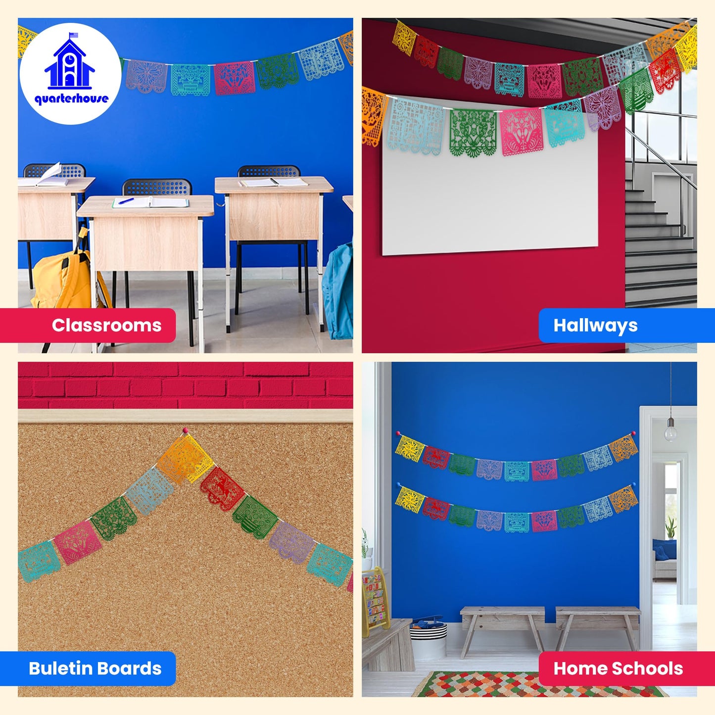 Quarterhouse Papel Picado for Spanish Classrooms and Fiestas, Vivid Colors and Cultural Motifs - 9 Per String - Felt, 8 x 12 Inches