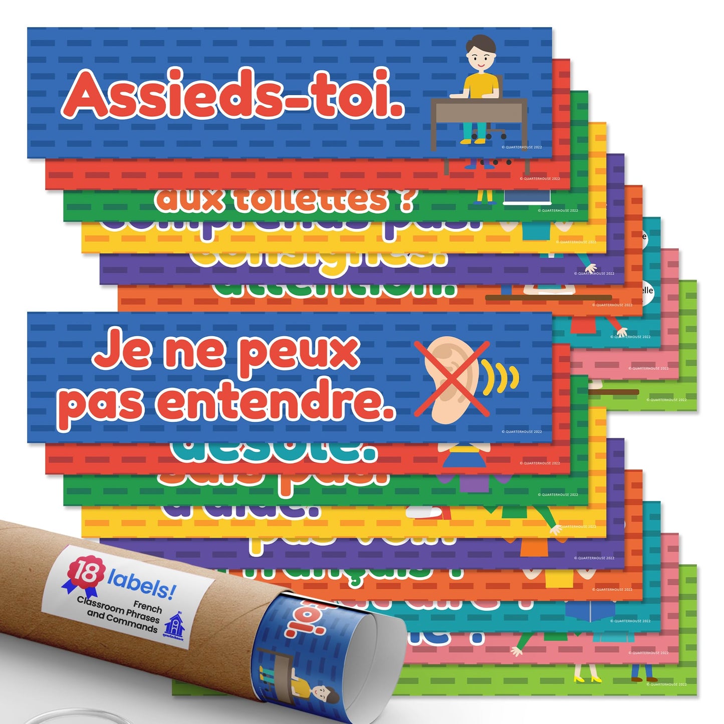 Quarterhouse French Classroom Phrases and Commands Label Set, French - ESL Classroom Learning Materials for K-12 Students and Teachers, Set of 18, 12 x 3 Inches, Extra Durable