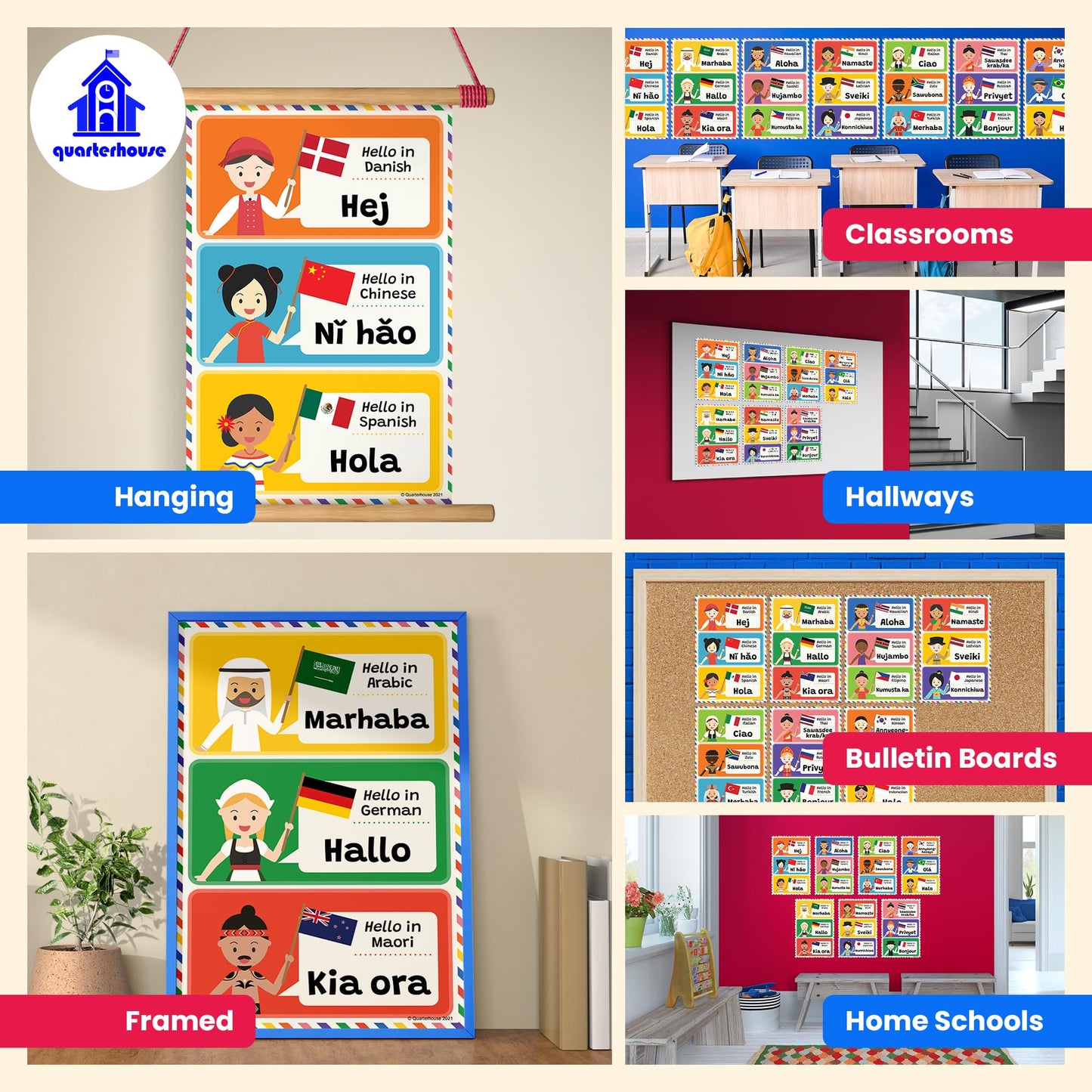 Quarterhouse Hello in 21 Languages Poster Set, Foreign Language - ESL Classroom Learning Materials for K-12 Students and Teachers, Set of 7, 12 x 18 Inches, Extra Durable