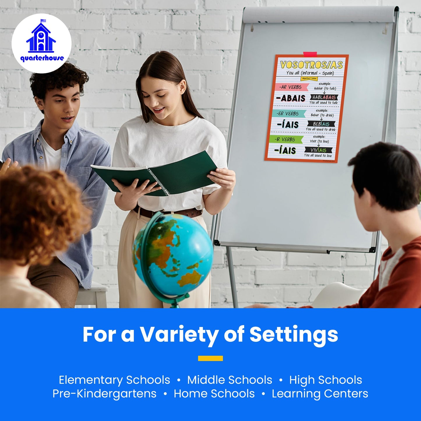 Quarterhouse Spanish Verbs & Beginner Vocabulary (Set H) Poster Set, Spanish Classroom Learning Materials for K-12 Students and Teachers, Set of 11, 12 x 18 Inches, Extra Durable