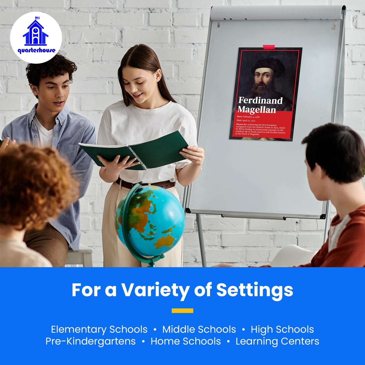 Quarterhouse Famous Explorers Poster Set, Social Studies Classroom Learning Materials for K-12 Students and Teachers, Set of 7, 12 x 18 Inches, Extra Durable