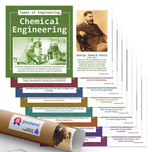 Quarterhouse Types of Engineering Poster Set, STEM Classroom Learning Materials for K-12 Students and Teachers, Set of 8, 12x18, Extra Durable
