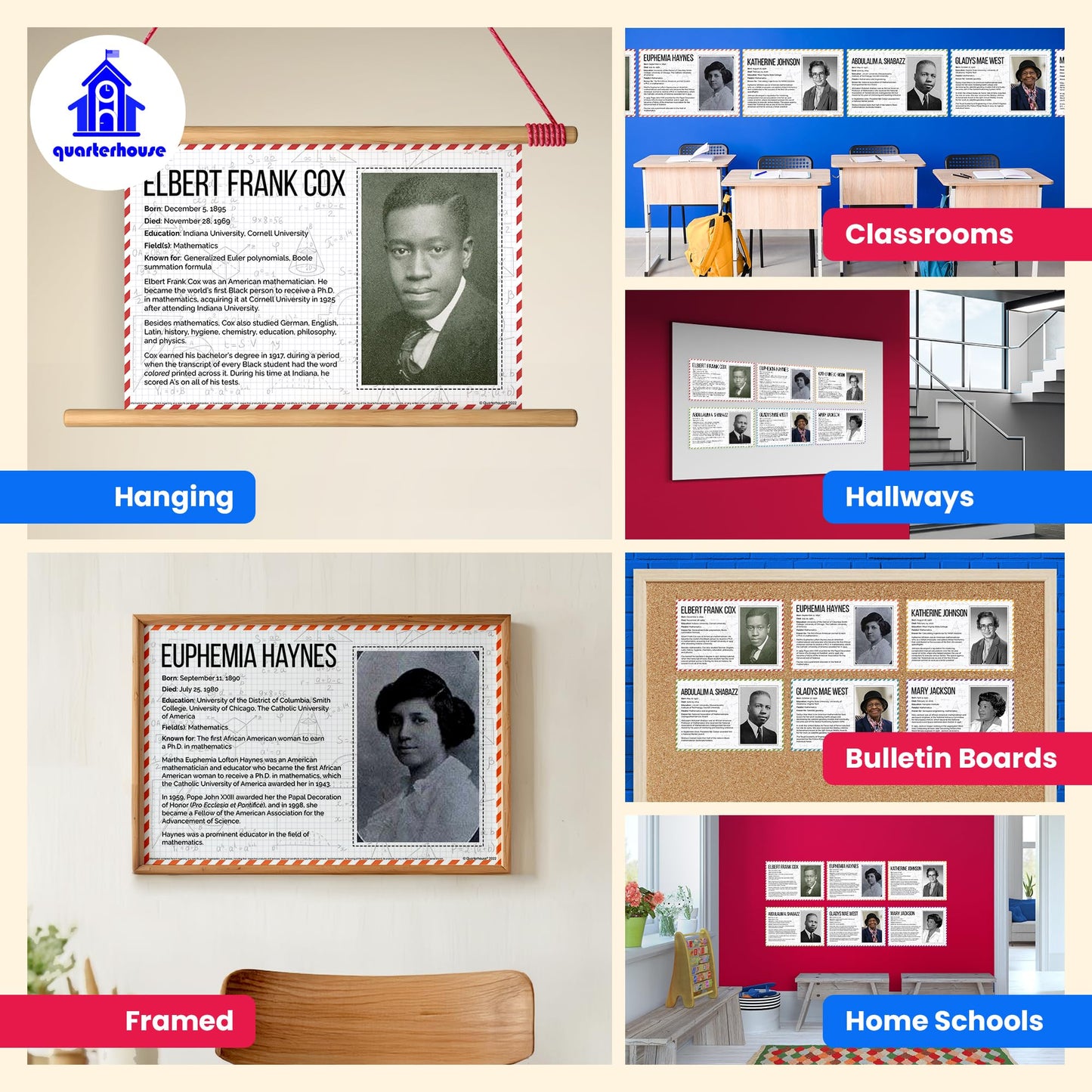 Quarterhouse Black Mathematicians Poster Set, Math and History Classroom Learning Materials for K-12 Students and Teachers, Set of 6, 12 x 18 Inches, Extra Durable