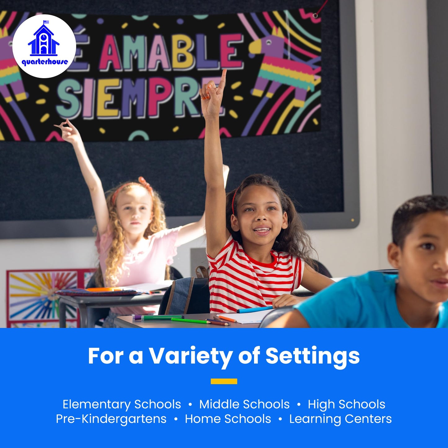 Quarterhouse Spanish Motivational (A) Banner Set, Spanish - ESL Classroom Learning Materials for K-12 Students and Teachers, Set of 3, 39 x 13.5 Inches, Extra Durable