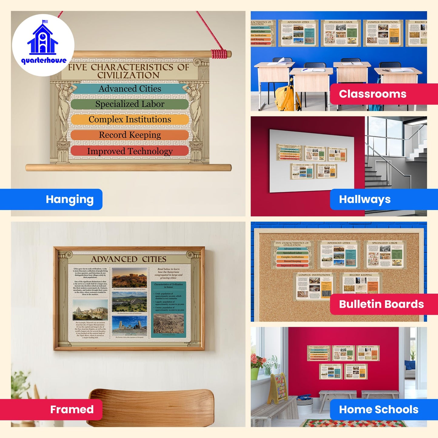 Quarterhouse 5 Pillars of Civilization Poster Set, US History and Civics Classroom Learning Materials for K-12 Students and Teachers, Set of 6, 12 x 18 Inches, Extra Durable