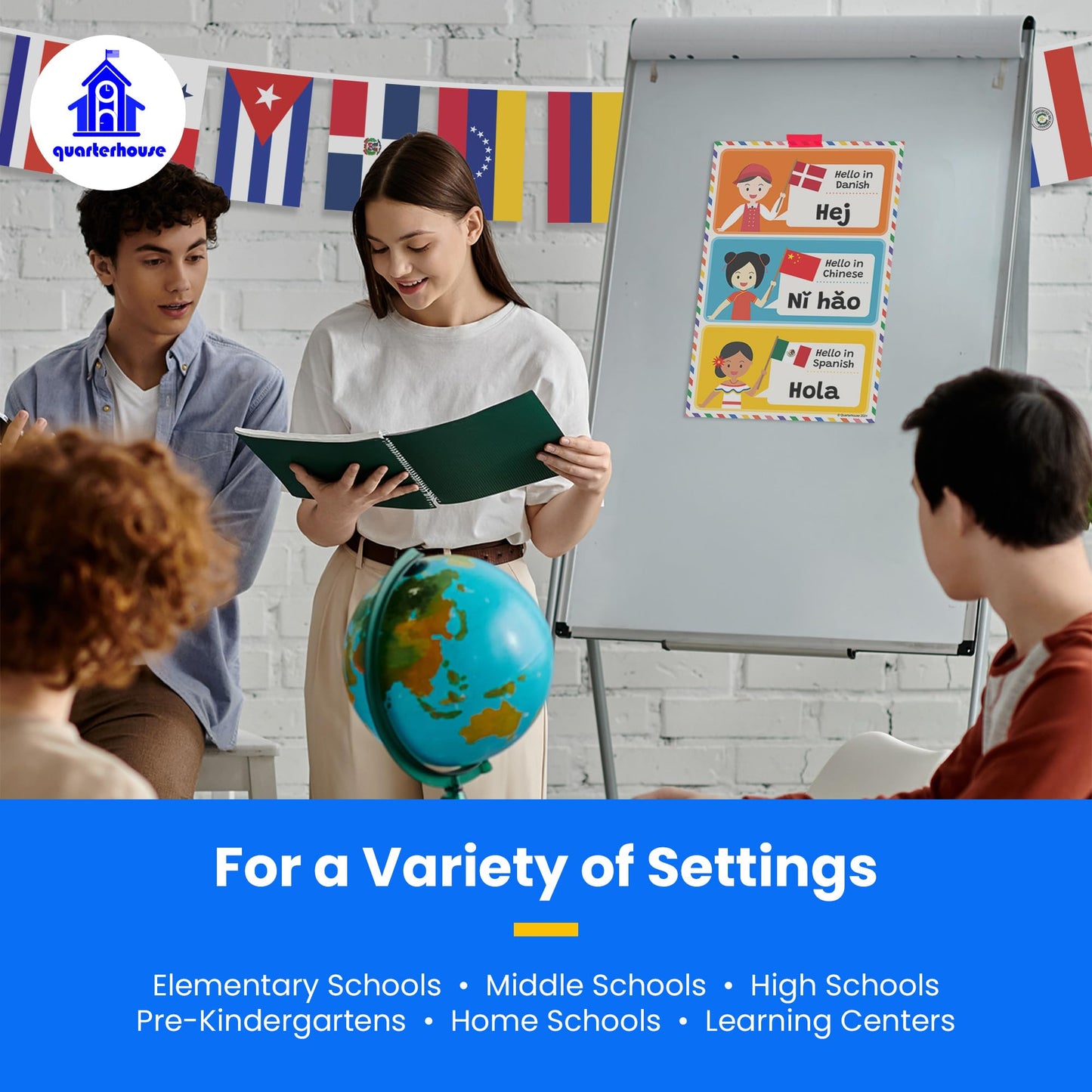 Quarterhouse Spanish Language Country Flags for the Classroom - 18 Latin American Countries Plus Spain, Puerto Rico, and Equatorial Guinea - 21 Flags Per String - Polyester, 8 x 12 Inches