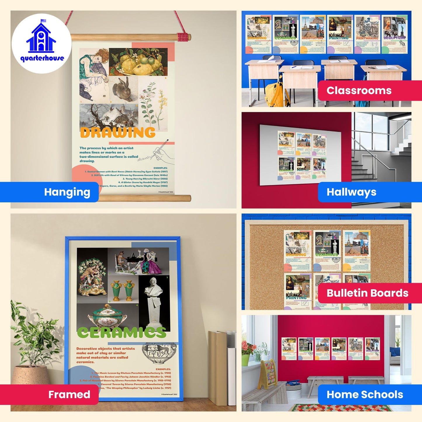 Quarterhouse Art Mediums Poster Set, Art Classroom Learning Materials for K-12 Students and Teachers, Set of 6, 12 x 18 Inches, Extra Durable