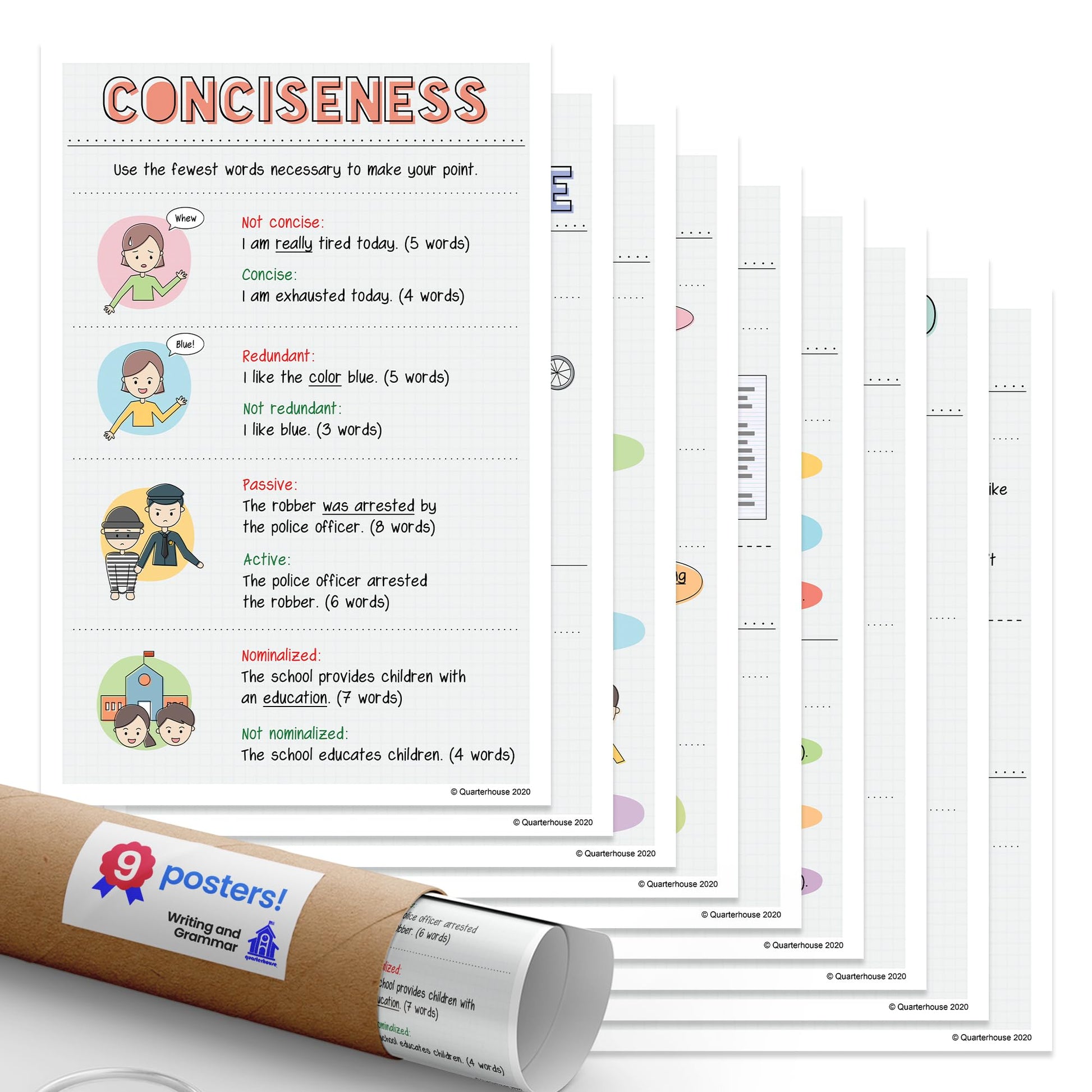 Quarterhouse Writing and Grammar Poster Set, English-Language Arts Classroom Learning Materials for K-12 Students and Teachers, Set of 9, 12 x 18 Inches, Extra Durable