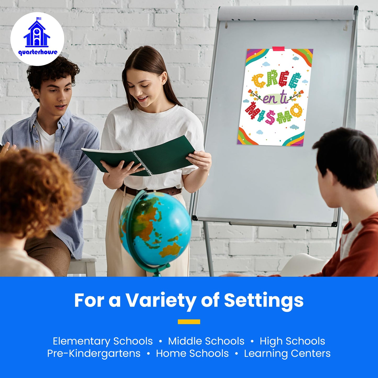 Quarterhouse Spanish Motivational (White) Poster Set, Spanish Classroom Learning Materials for K-12 Students and Teachers, Set of 12, 12 x 18 Inches, Extra Durable