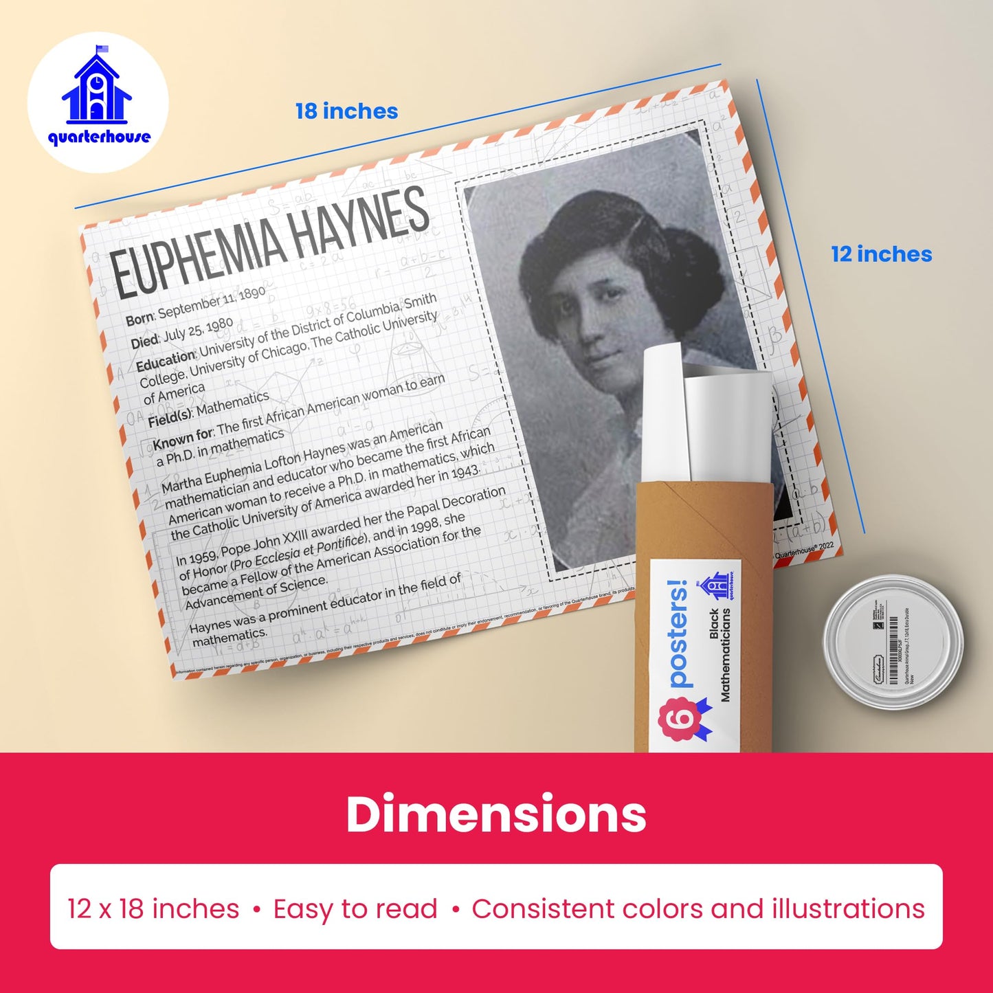 Quarterhouse Black Mathematicians Poster Set, Math and History Classroom Learning Materials for K-12 Students and Teachers, Set of 6, 12 x 18 Inches, Extra Durable