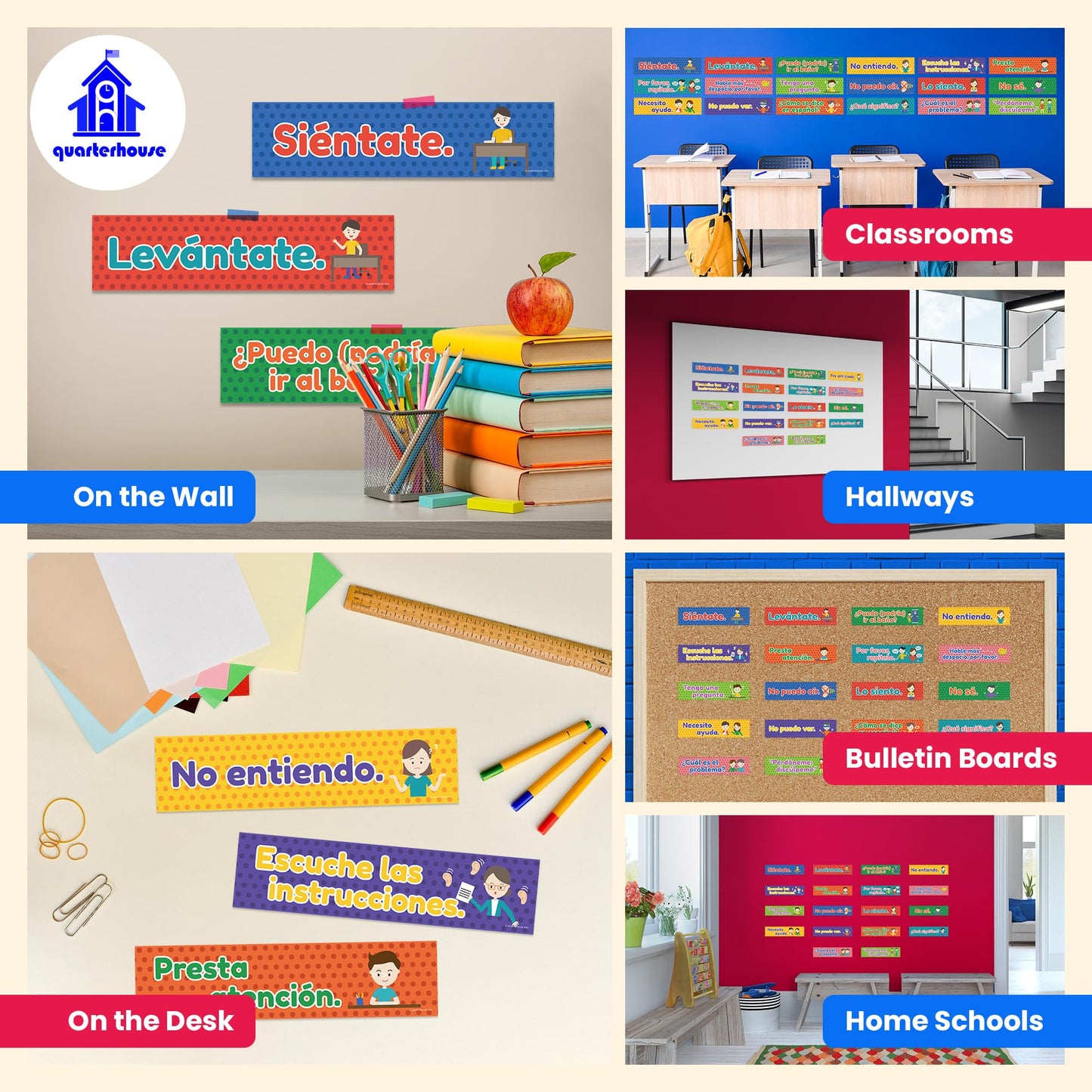 Quarterhouse Spanish Classroom Phrases and Commands Label Set, Spanish - ESL Classroom Learning Materials for K-12 Students and Teachers, Set of 18, 12 x 3 Inches, Extra Durable