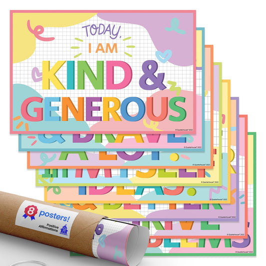 Quarterhouse Positive Affirmations Poster Set, Primary Classroom Learning Materials for K-12 Students and Teachers, Set of 8, 12 x 18 Inches, Extra Durable