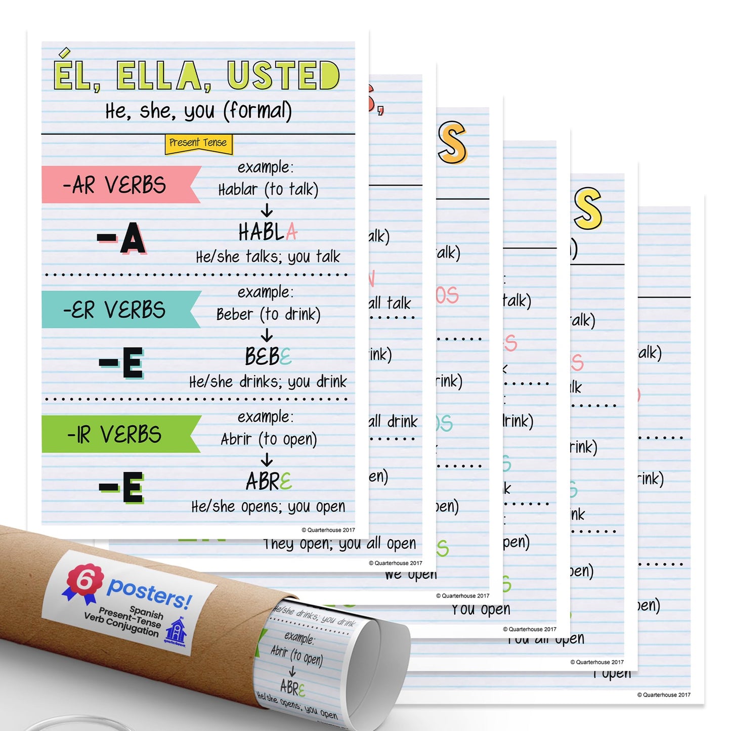 Quarterhouse Spanish Present-Tense Verb Conjugation (Light-Themed) Poster Set, Spanish Classroom Learning Materials for K-12 Students and Teachers, Set of 6, 12 x 18 Inches, Extra Durable