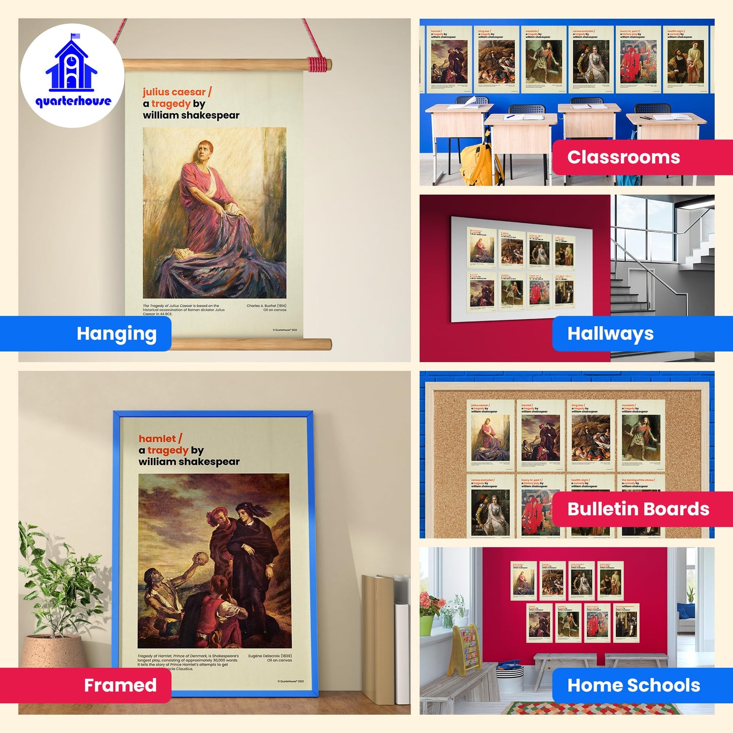 Quarterhouse Shakespeare Poster Set, English-Language Arts Classroom Learning Materials for K-12 Students and Teachers, Set of 8, 12x18, Extra Durable