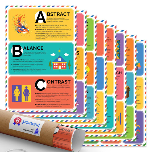 Quarterhouse Art Vocabulary Poster Set, Art Classroom Learning Materials for K-12 Students and Teachers, Set of 8, 12 x 18 Inches, Extra Durable