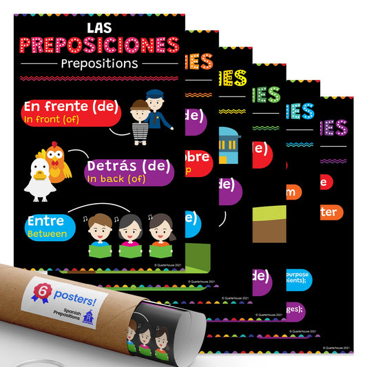 Quarterhouse Spanish Prepositions Poster Set, Spanish - ESL Classroom Learning Materials for K-12 Students and Teachers, Set of 6, 12 x 18 Inches, Extra Durable