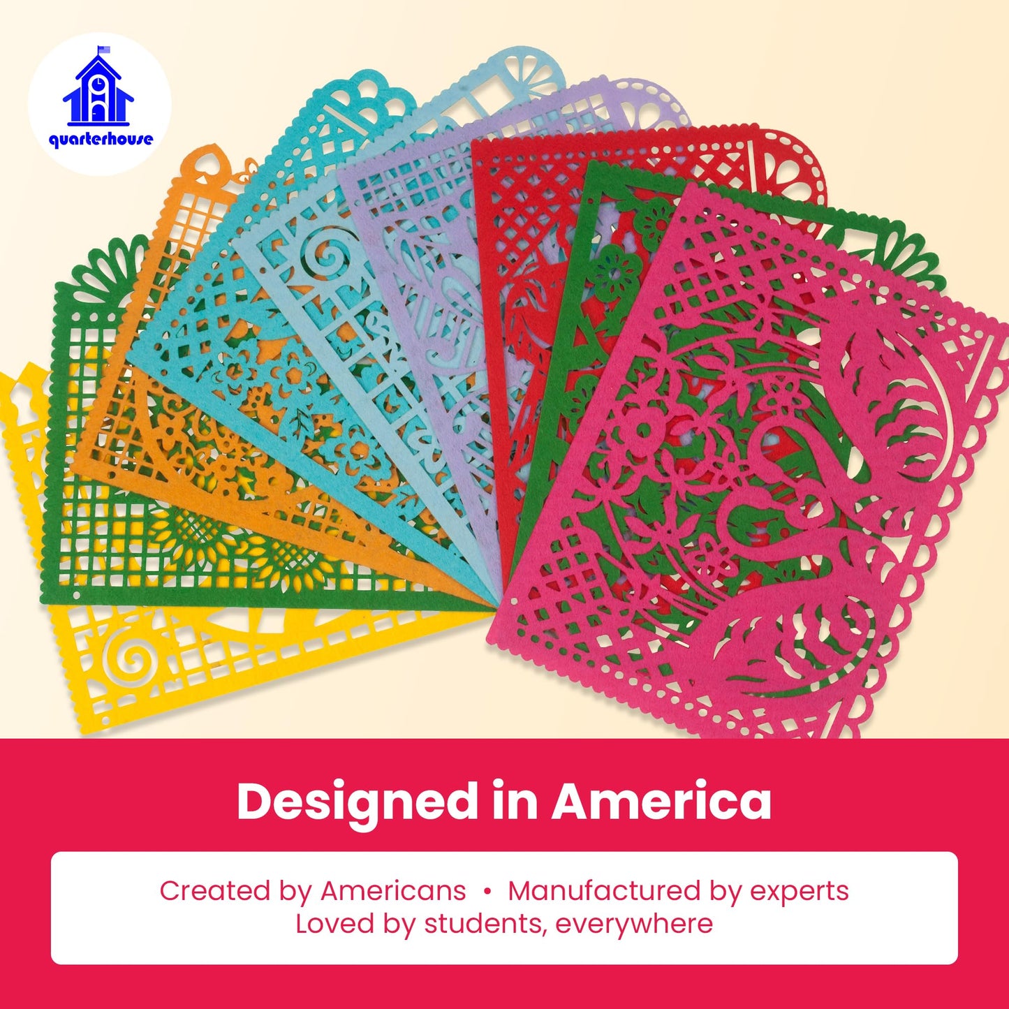 Quarterhouse Papel Picado for Spanish Classrooms and Fiestas, Vivid Colors and Cultural Motifs - 9 Per String - Felt, 8 x 12 Inches