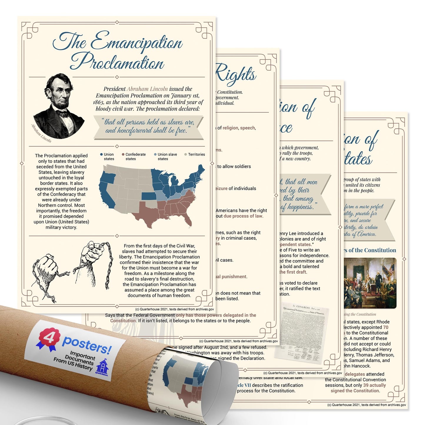 Quarterhouse Important Documents From US History Poster Set, Social Studies Classroom Learning Materials for K-12 Students and Teachers, Set of 4, 12 x 18 Inches, Extra Durable