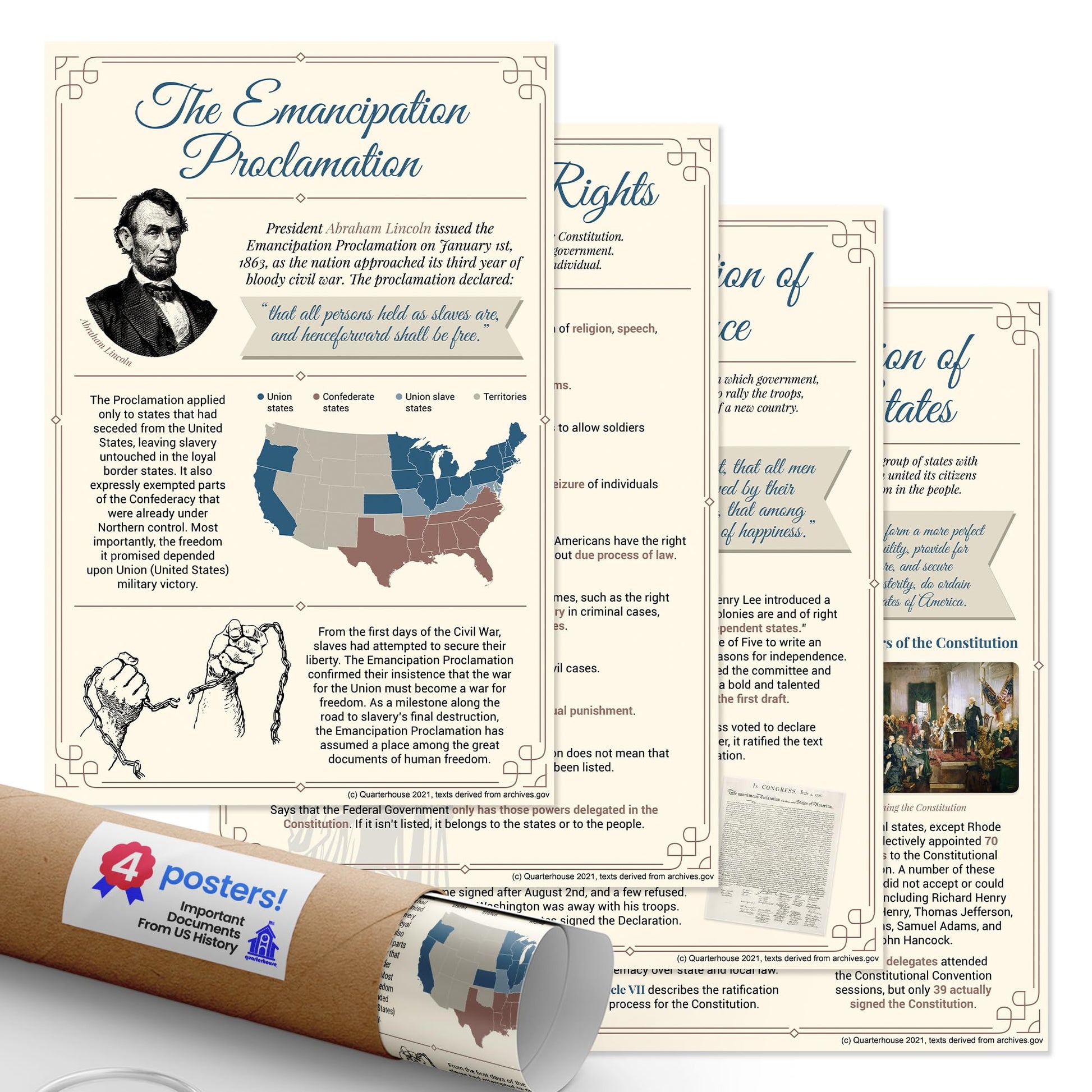 Quarterhouse Important Documents From US History Poster Set, Social Studies Classroom Learning Materials for K-12 Students and Teachers, Set of 4, 12 x 18 Inches, Extra Durable