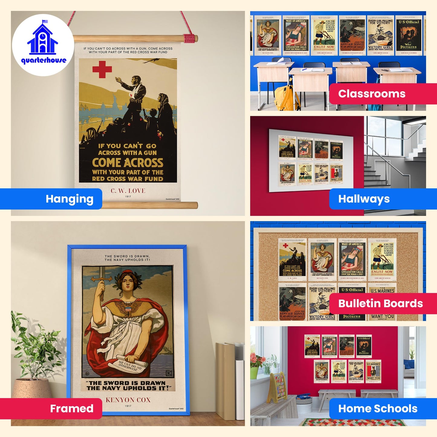 Quarterhouse WWI Posters Poster Set, Social Studies Classroom Learning Materials for K-12 Students and Teachers, Set of 8, 12 x 18 Inches, Extra Durable