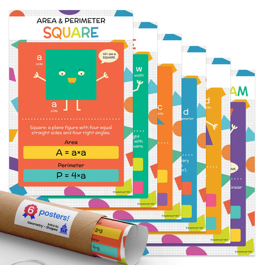 Quarterhouse Intro to Geometry - Shapes Poster Set, Math Classroom Learning Materials for K-12 Students and Teachers, Set of 6, 12 x 18 Inches, Extra Durable