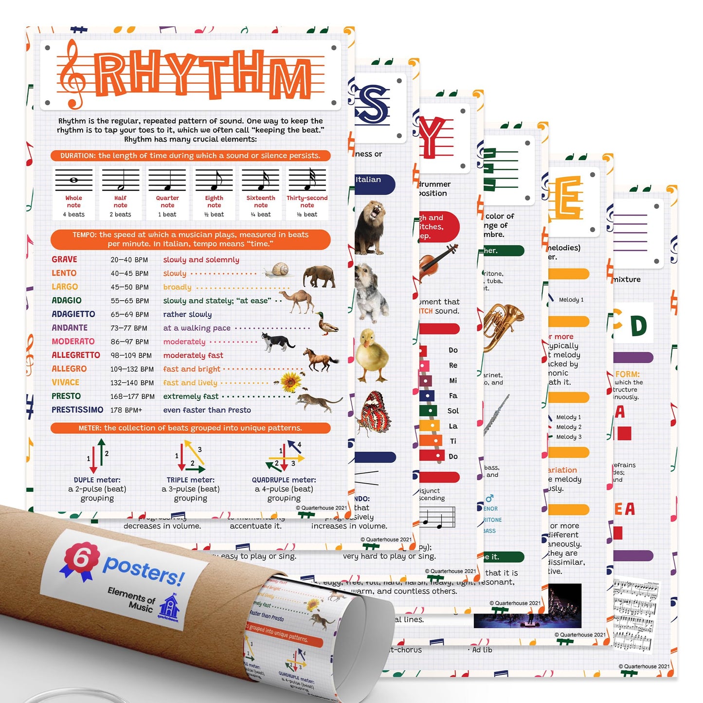 Quarterhouse Elements of Music Poster Set, Music (Band, Orchestra, and Choir) Classroom Learning Materials for K-12 Students and Teachers, Set of 6, 12 x 18 Inches, Extra Durable