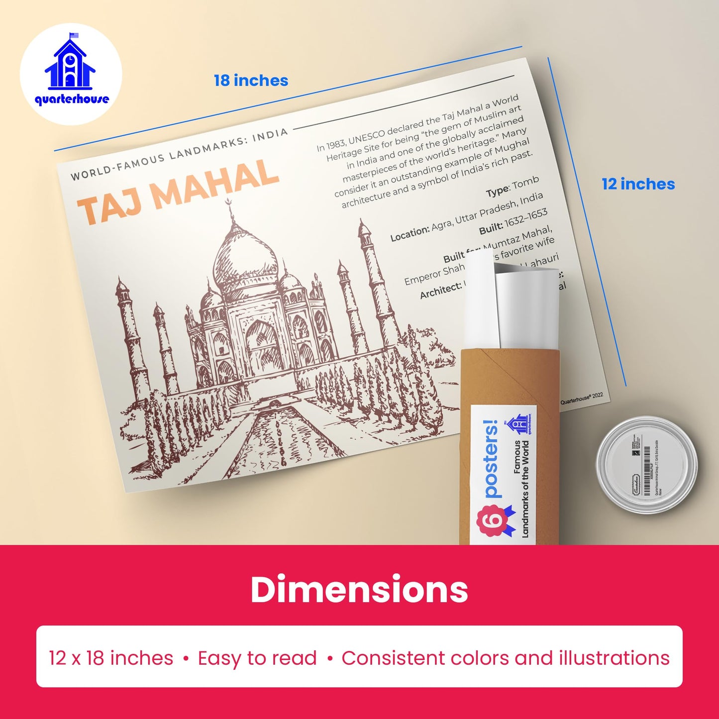 Quarterhouse Famous Landmarks of the World Poster Set, Social Studies and Geography Classroom Learning Materials for K-12 Students and Teachers, Set of 6, 12 x 18 Inches, Extra Durable