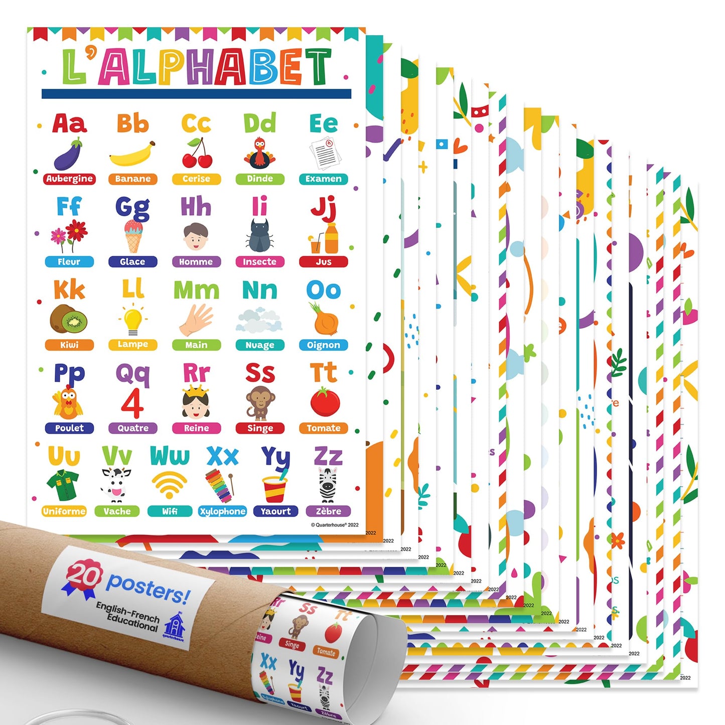Quarterhouse Extreme Value 20 Large English-French Educational Poster Set, French Classroom Learning Materials for K-12 Students and Teachers, Double-Sided, Set of 20, 12 x 18 Inches, Extra Durable