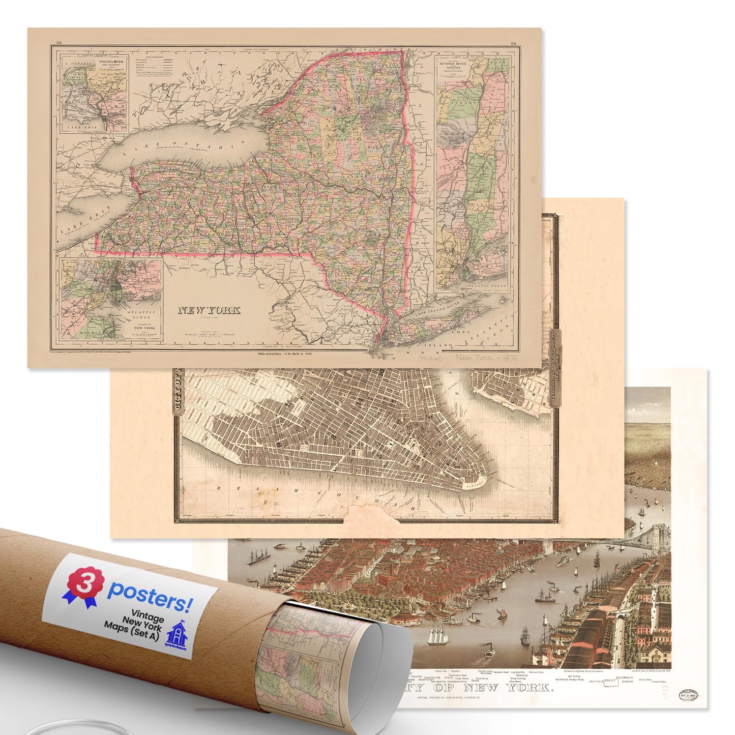 Quarterhouse Vintage New York Maps (Set A) Poster Set, Social Studies Classroom Learning Materials for K-12 Students and Teachers, Set of 3, 12 x 18 Inches, Extra Durable